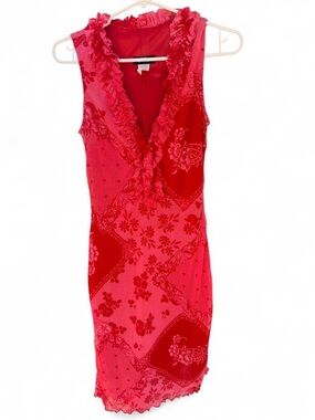 zinc Red Floral Paisley Ruffle V-Neck Dress